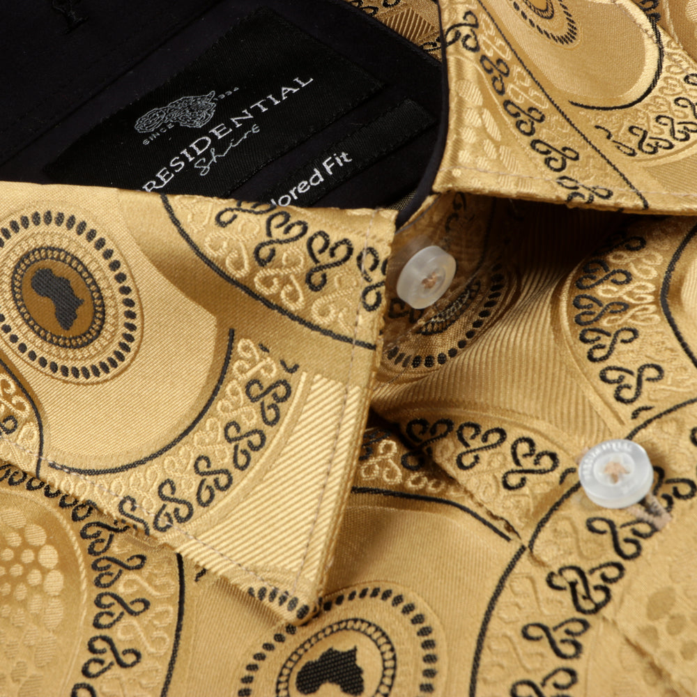 Large African Circle - Gold Long Sleeve Jacquard Woven Men's Shirt