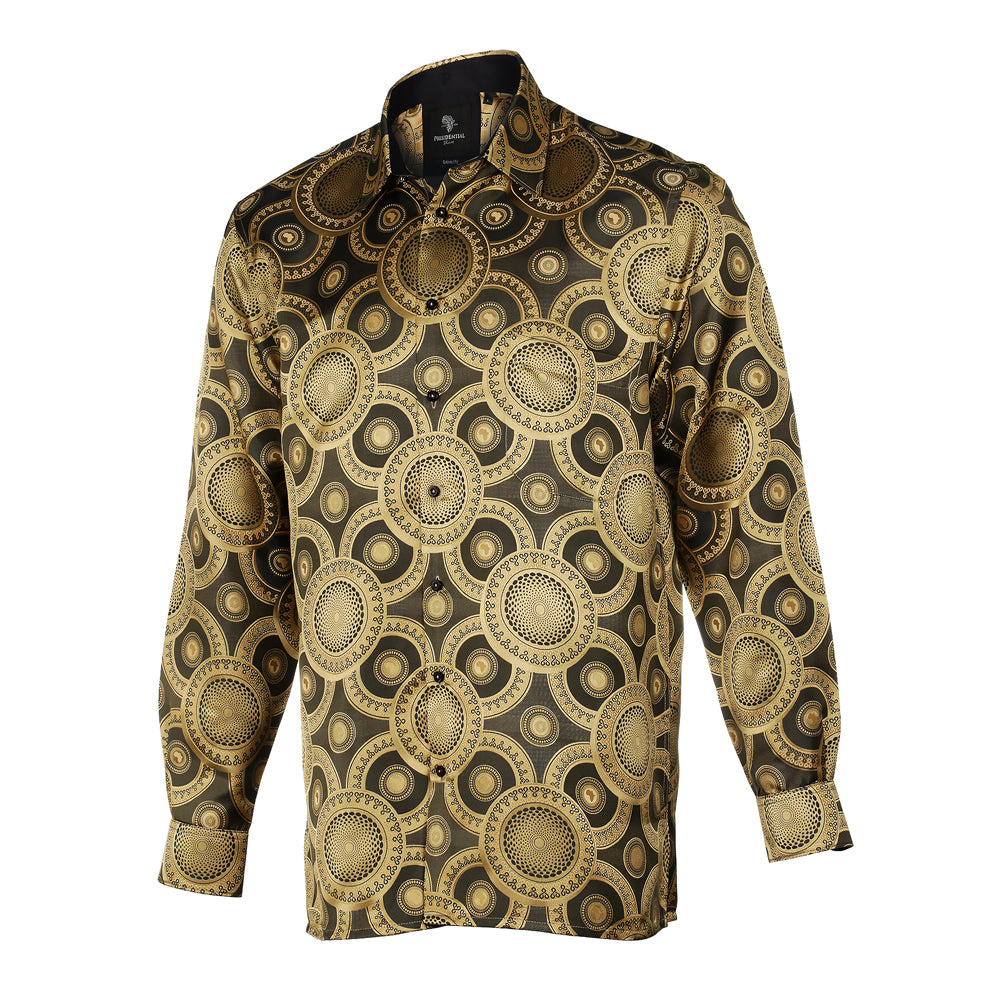 Large African Circle - Gold Brown Long Sleeve Jacquard Woven Men's Shirt