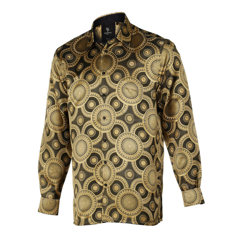 Large African Circle - Gold Brown Long Sleeve Jacquard Woven Men's Shirt