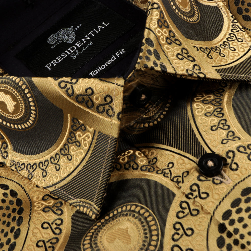 Large African Circle - Gold Brown Long Sleeve Jacquard Woven Men's Shirt