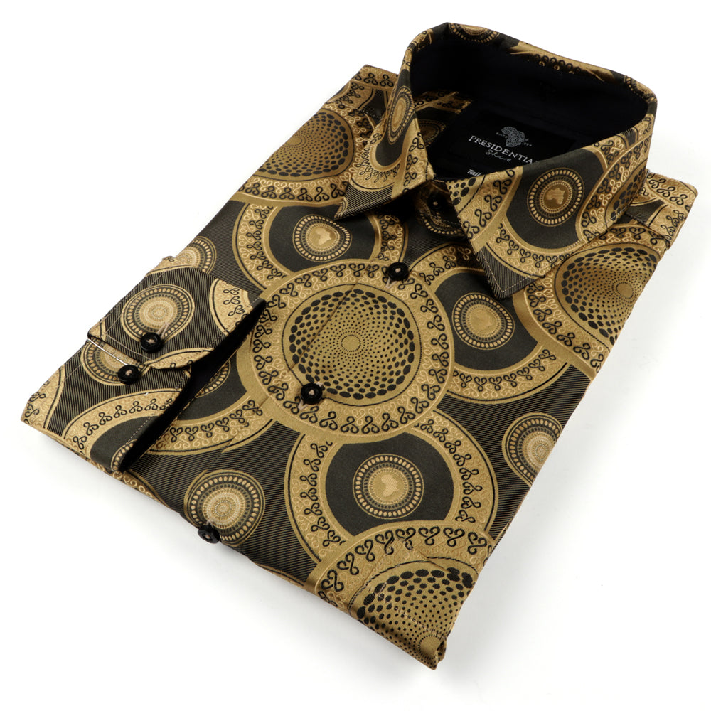 Large African Circle - Gold Brown Long Sleeve Jacquard Woven Men's Shirt