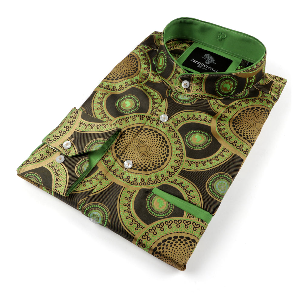 Large African Circle - Green Long Sleeve Jacquard Woven Men's Shirt
