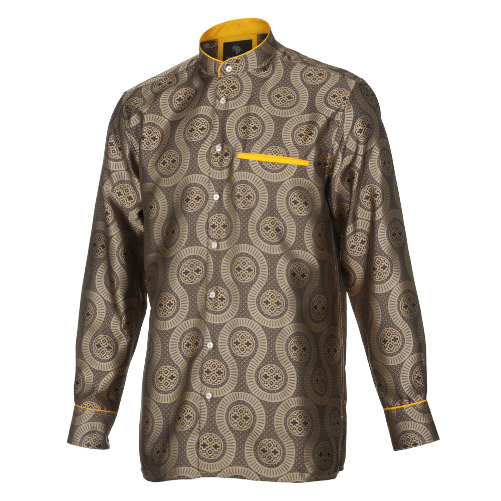 African Wave - Brown Long Sleeve Jacquard Woven Men's Shirt