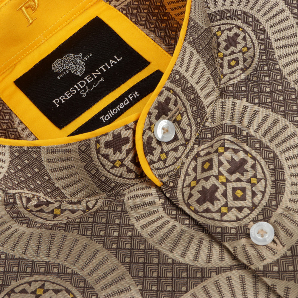 African Wave - Brown Long Sleeve Jacquard Woven Men's Shirt