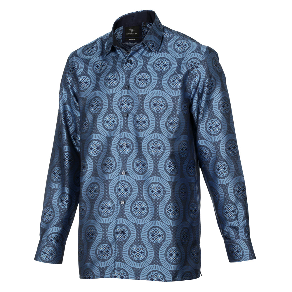 African Wave - Navy Long Sleeve Jacquard Woven Men's Shirt