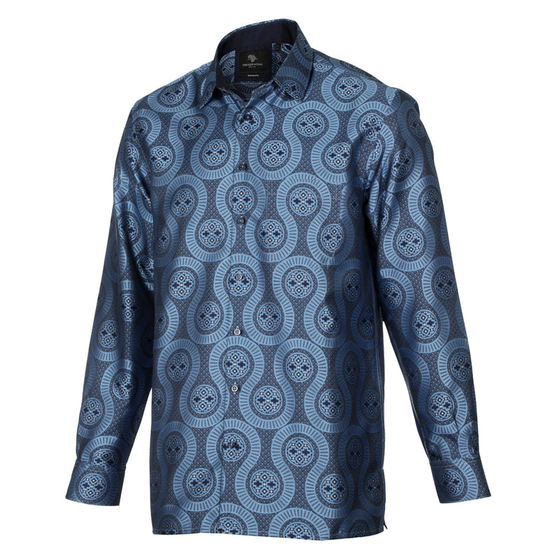 African Wave - Navy Long Sleeve Jacquard Woven Men's Shirt