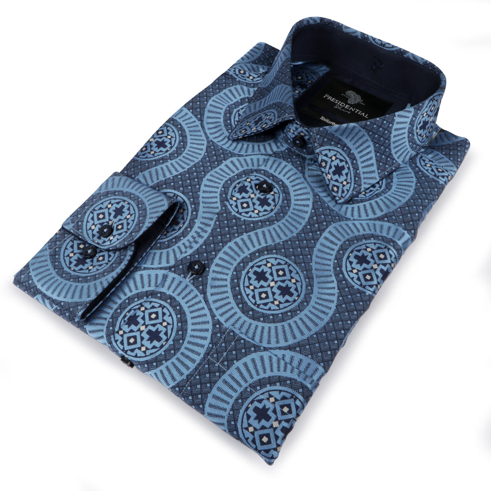 African Wave - Navy Long Sleeve Jacquard Woven Men's Shirt