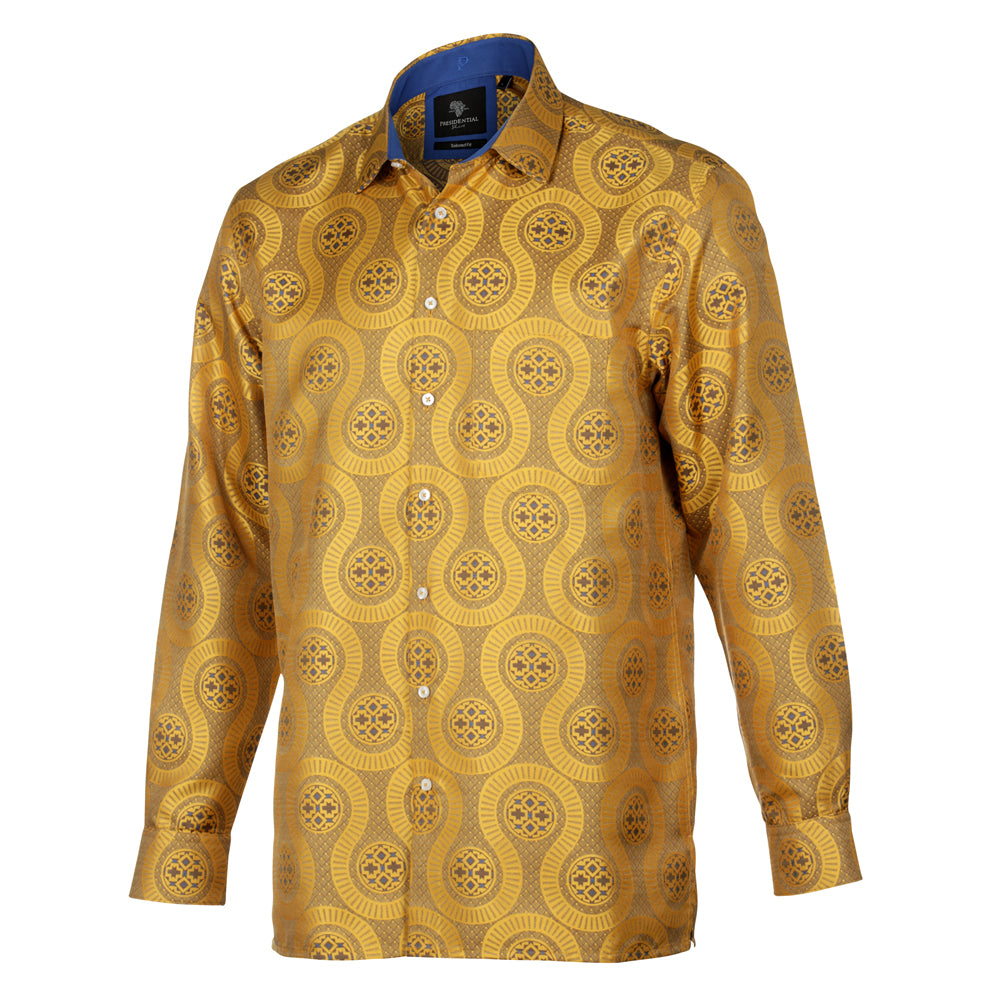 African Wave - Gold Long Sleeve Jacquard Woven Men's Shirt