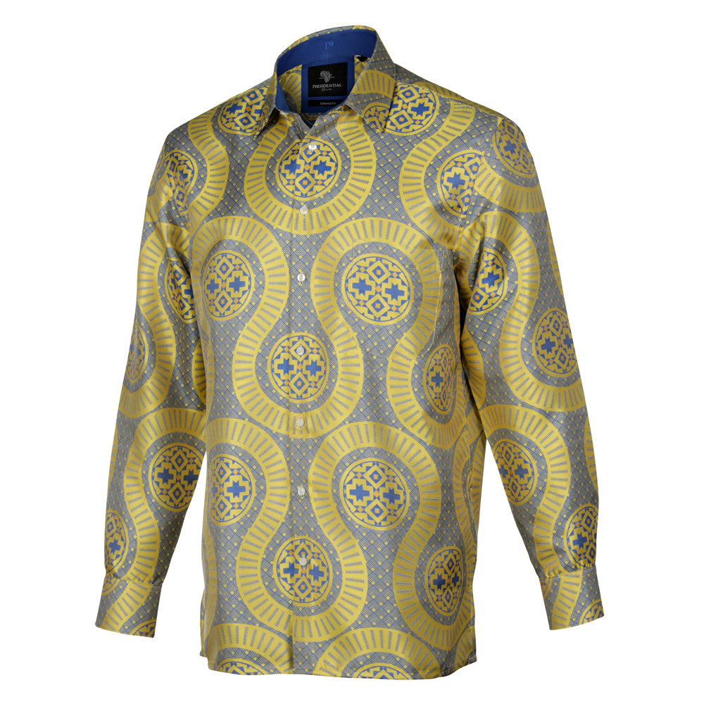 Large African Wave - Yellow Long Sleeve Jacquard Woven Men's Shirt