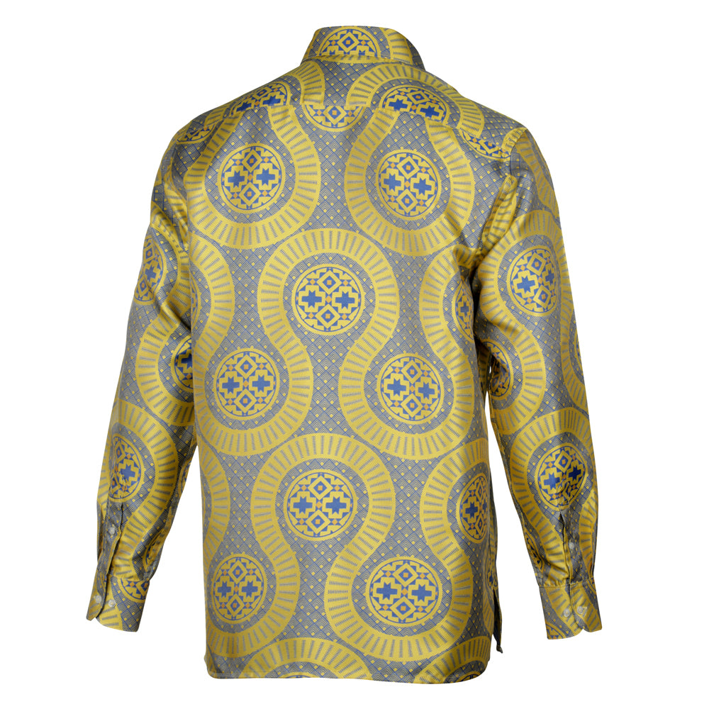 Large African Wave - Yellow Long Sleeve Jacquard Woven Men's Shirt