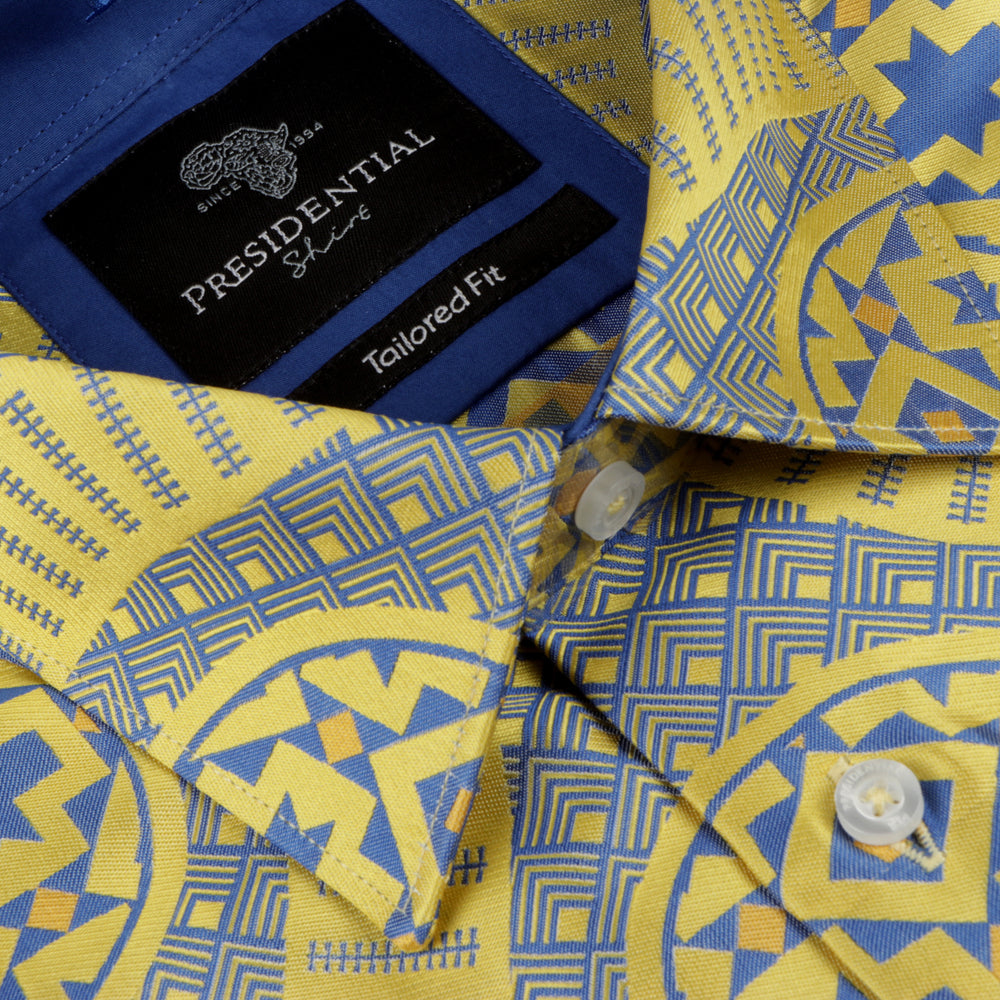 Large African Wave - Yellow Long Sleeve Jacquard Woven Men's Shirt