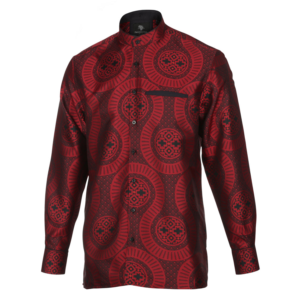 Large African Wave - Red Long Sleeve Jacquard Woven Men's Shirt