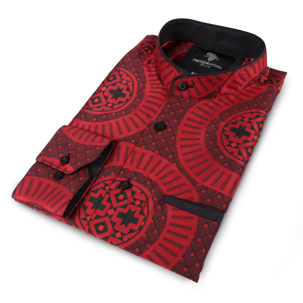 Large African Wave - Red Long Sleeve Jacquard Woven Men's Shirt