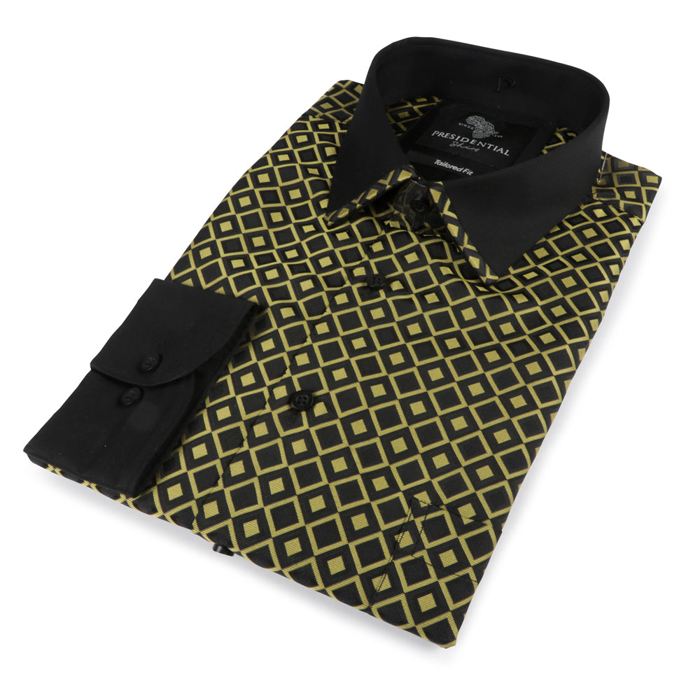 Madiba's Diamond - Gold Long Sleeve Jacquard Woven Men's Shirt
