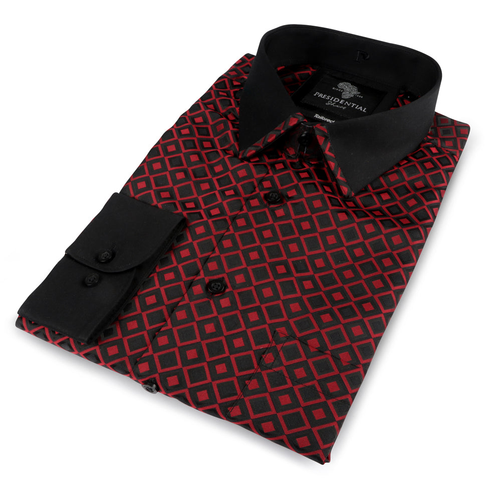 Madiba's Diamond - Red Long Sleeve Jacquard Woven Men's Shirt