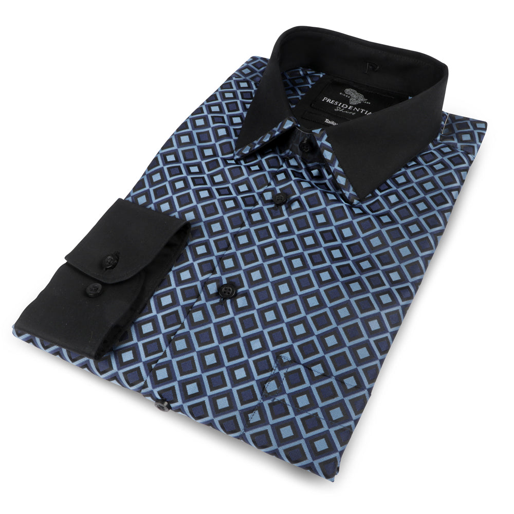 Madiba's Diamond - Navy Long Sleeve Jacquard Woven Men's Shirt