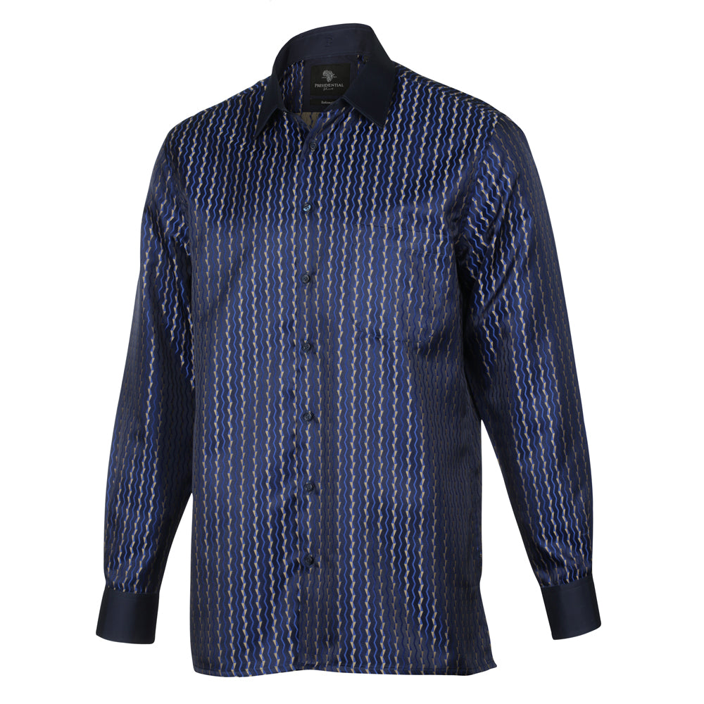 Madiba's Pin Stripe - Navy Long Sleeve Jacquard Woven Men's Shirt