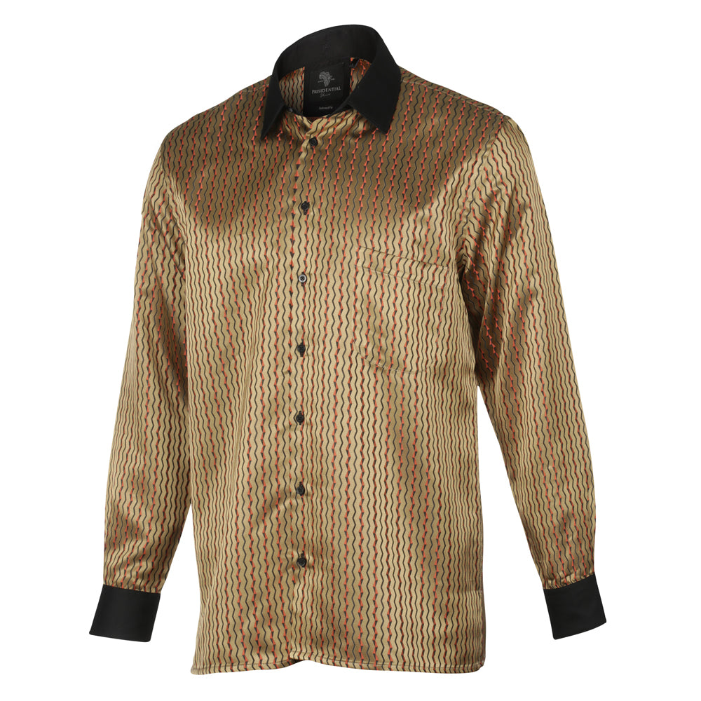 Madiba's Pin Stripe - Gold Long Sleeve Jacquard Woven Men's Shirt