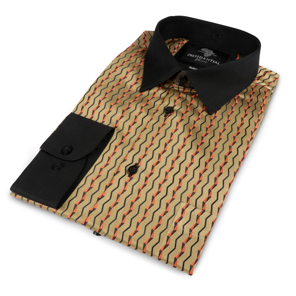Madiba's Pin Stripe - Gold Long Sleeve Jacquard Woven Men's Shirt
