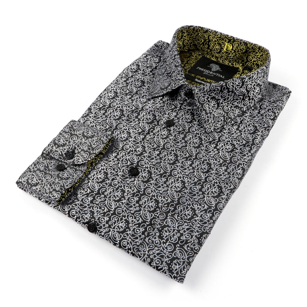 Madiba's Paisley - Black Long Sleeve Jacquard Woven Men's Shirt