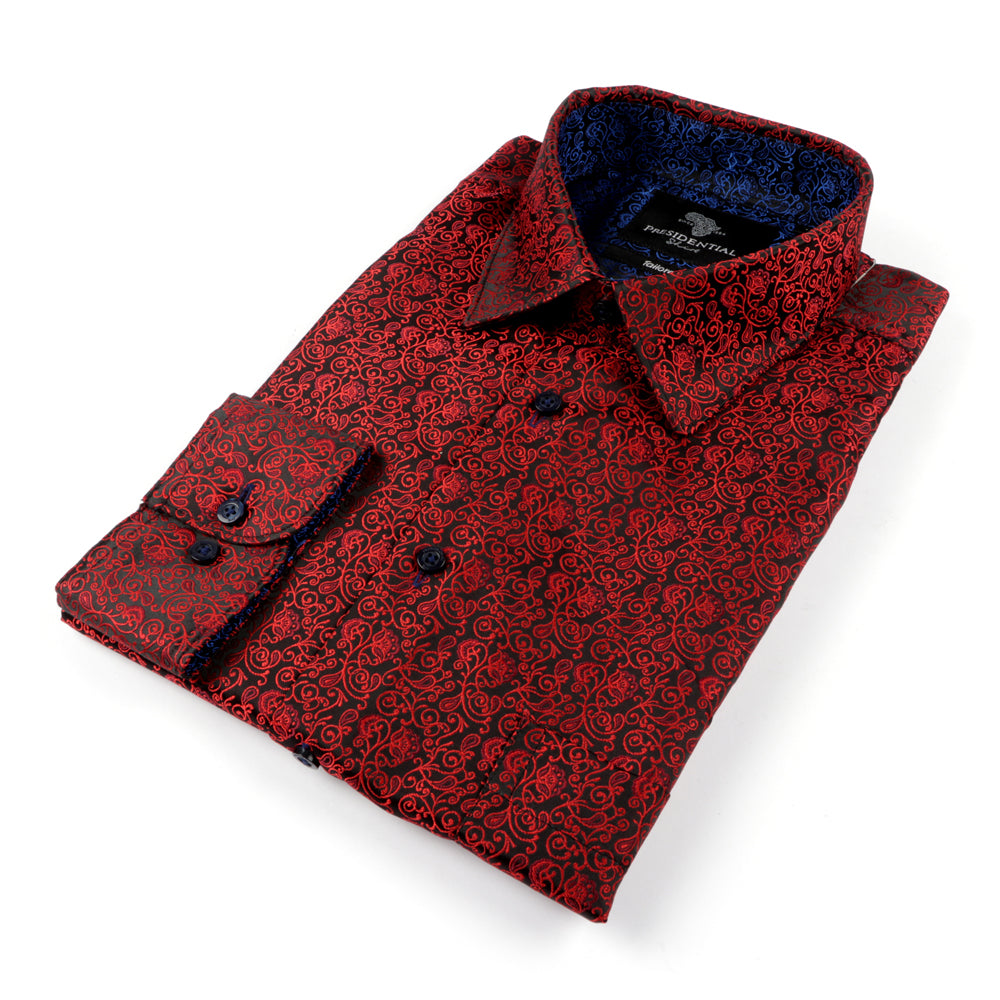 Madiba's Paisley - Red Long Sleeve Jacquard Woven Men's Shirt