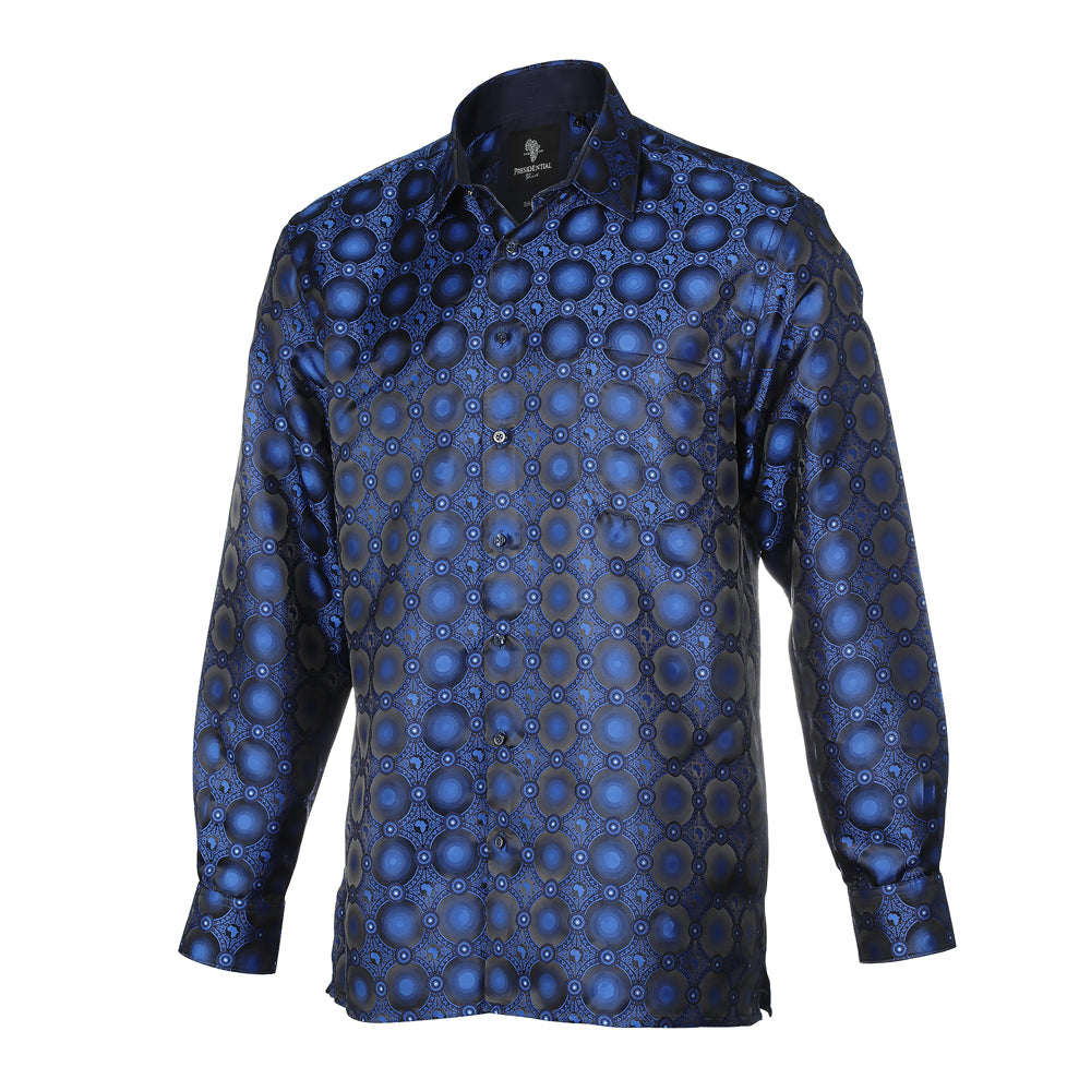 African Circle - Royal Blue Long Sleeve Jacquard Woven Men's Shirt