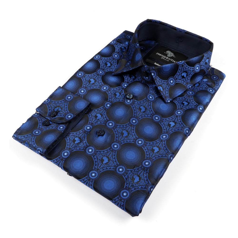 African Circle - Royal Blue Long Sleeve Jacquard Woven Men's Shirt