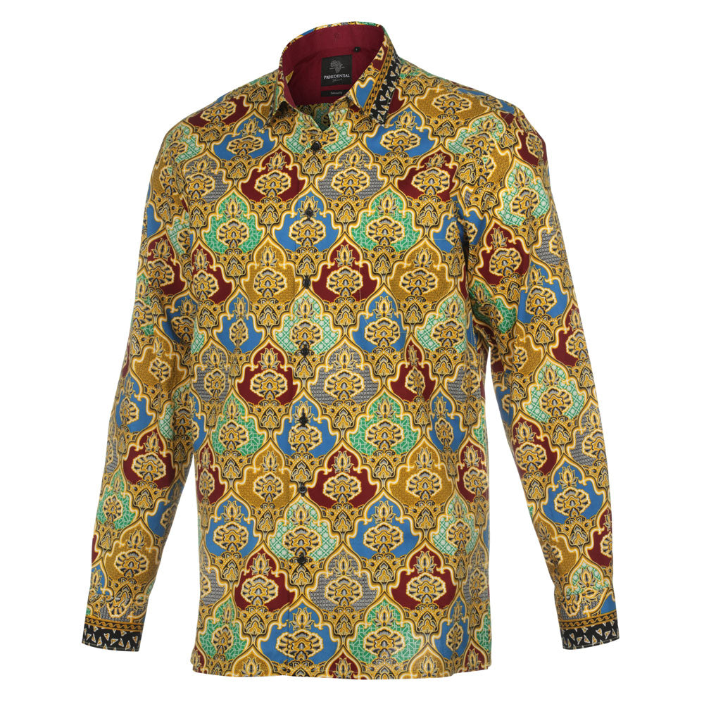 Moroccan Chess - Blue Men's Long Sleeve Cotton Printed Shirt