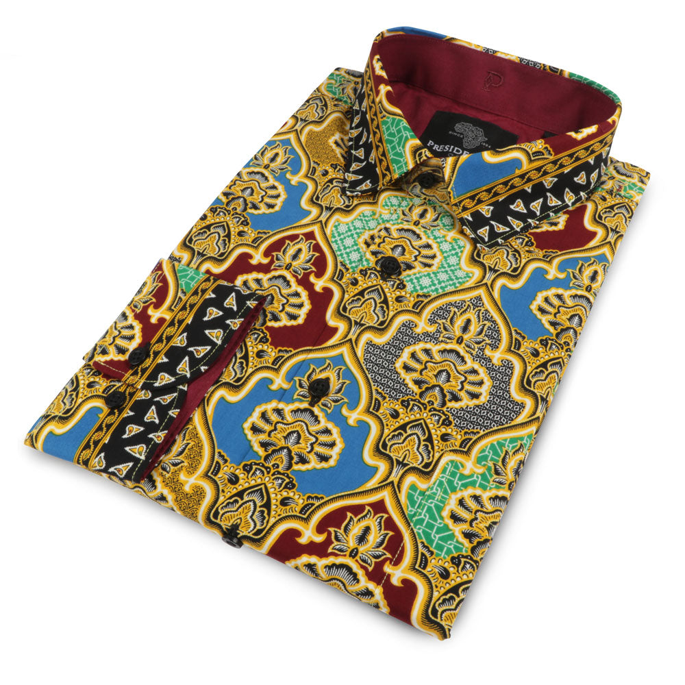 Moroccan Chess - Blue Men's Long Sleeve Cotton Printed Shirt