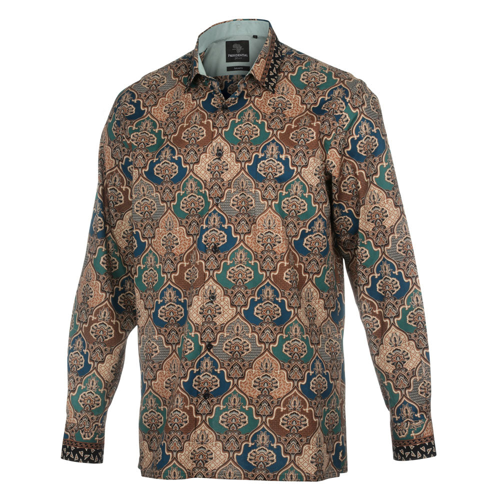 Morroccan Chess - Green Men's Long Sleeve Cotton Printed Shirt