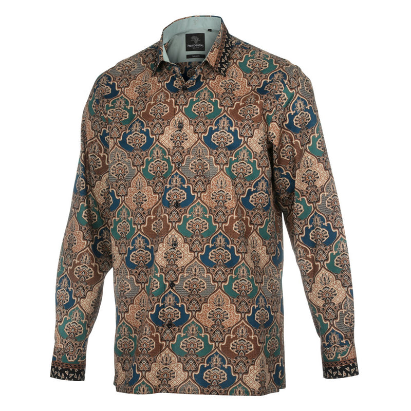 Morroccan Chess - Green Men's Long Sleeve Cotton Printed Shirt