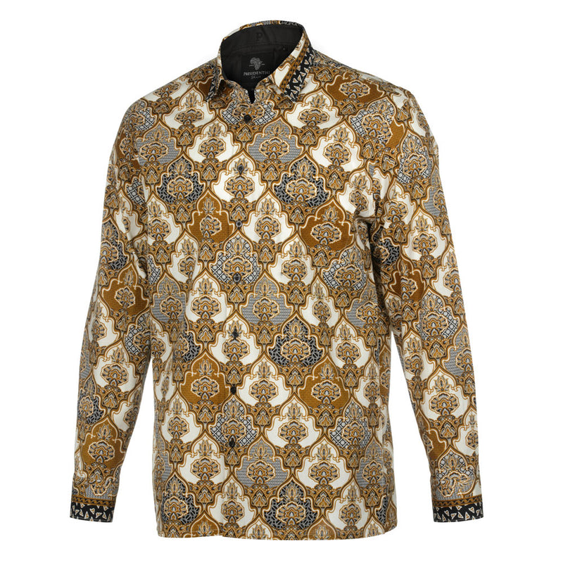Moroccan Chess - Brown Men's Long Sleeve Cotton Printed Shirt