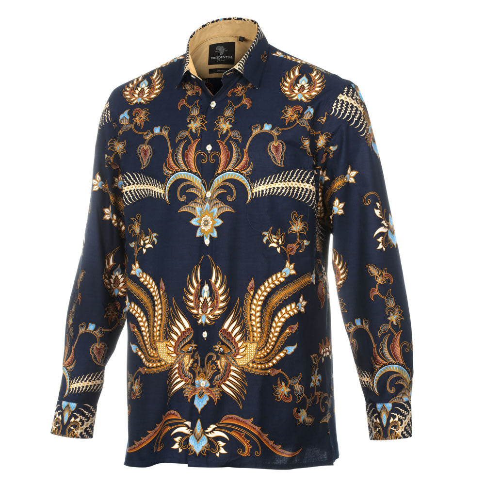 United Peacock - Blue Men's Long Sleeve Cotton Printed Shirt