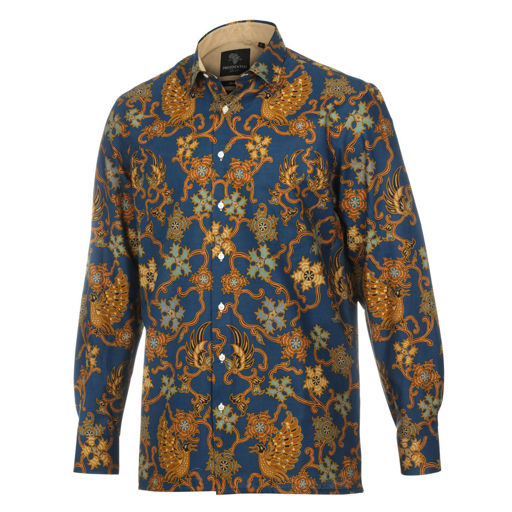 Blue Peacock - Blue Men's Long Sleeve Cotton Printed Shirt
