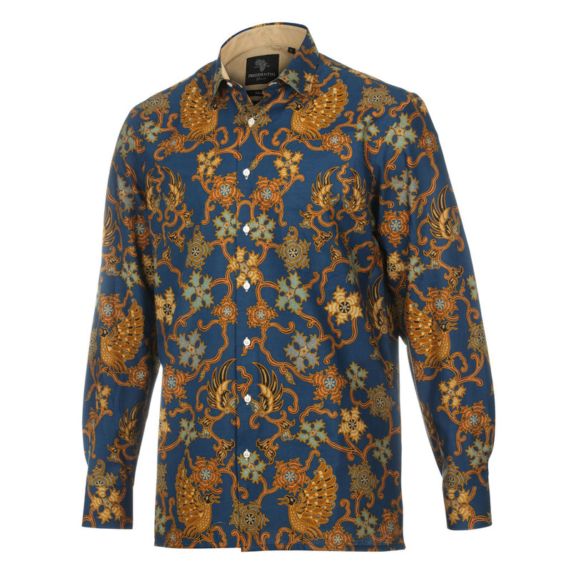 Blue Peacock - Blue Men's Long Sleeve Cotton Printed Shirt