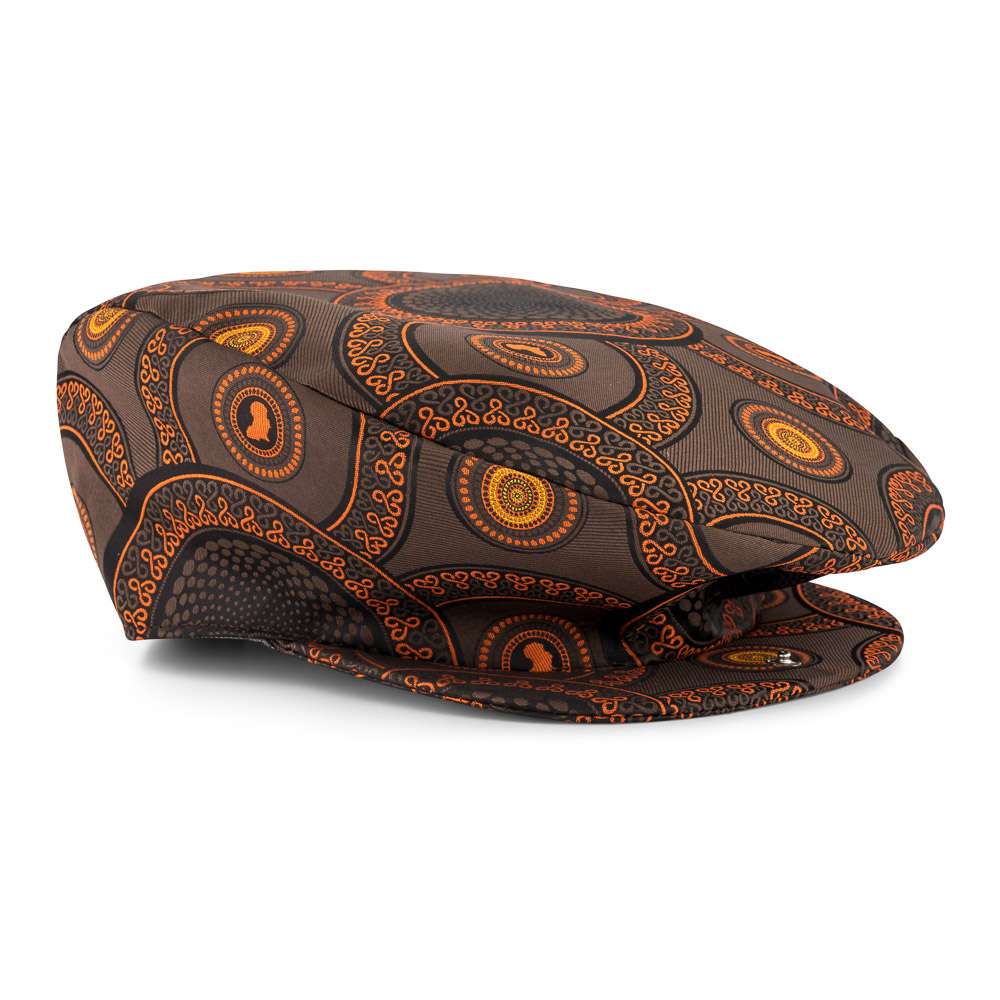 Men’s Ivy Cap, Classic Flat Cap Style, Jacquard Woven Satin - African Circle large, Brown