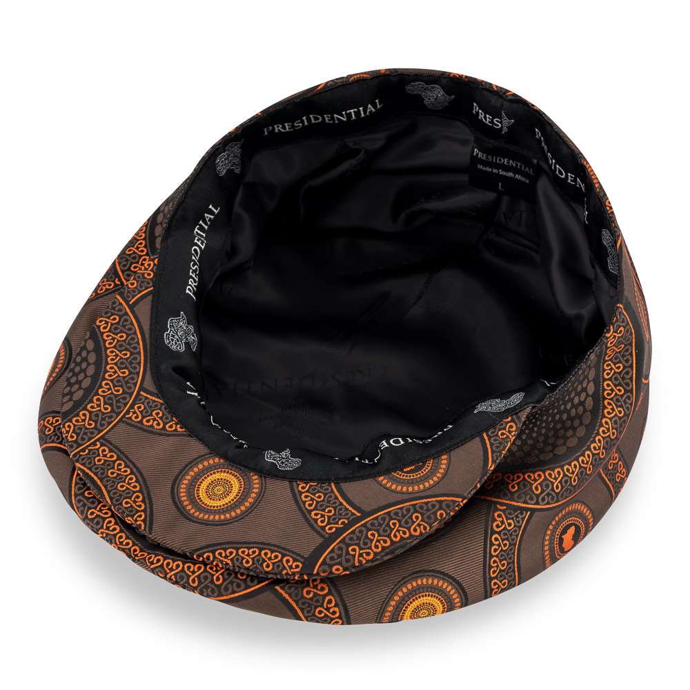 Men’s Ivy Cap, Classic Flat Cap Style, Jacquard Woven Satin - African Circle large, Brown