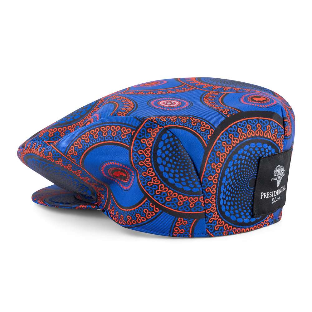 Men’s Ivy Cap, Classic Flat Cap Style, Jacquard Woven Satin - African Circle large, Blue