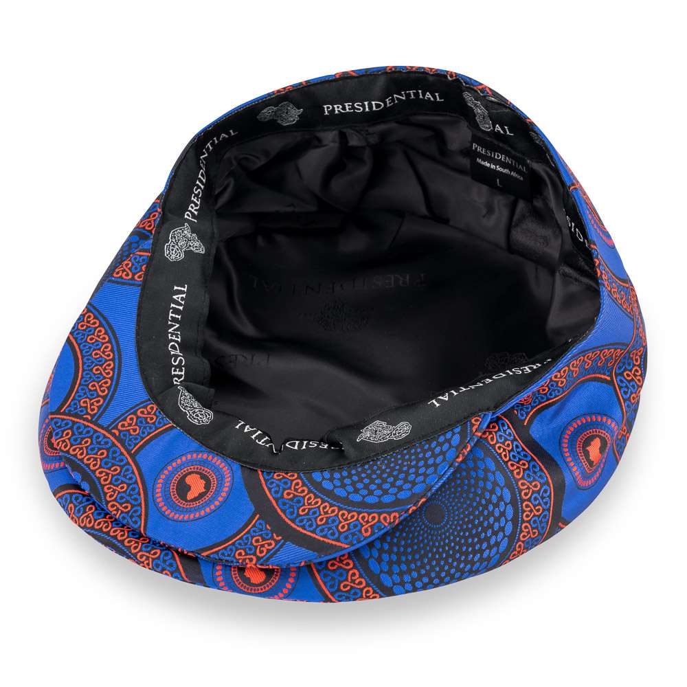 Men’s Ivy Cap, Classic Flat Cap Style, Jacquard Woven Satin - African Circle large, Blue