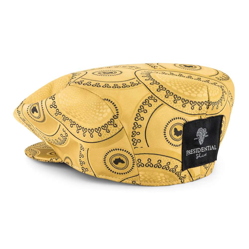 Men’s Ivy Cap, Classic Flat Cap Style, Jacquard Woven Satin - African Circle large, Gold