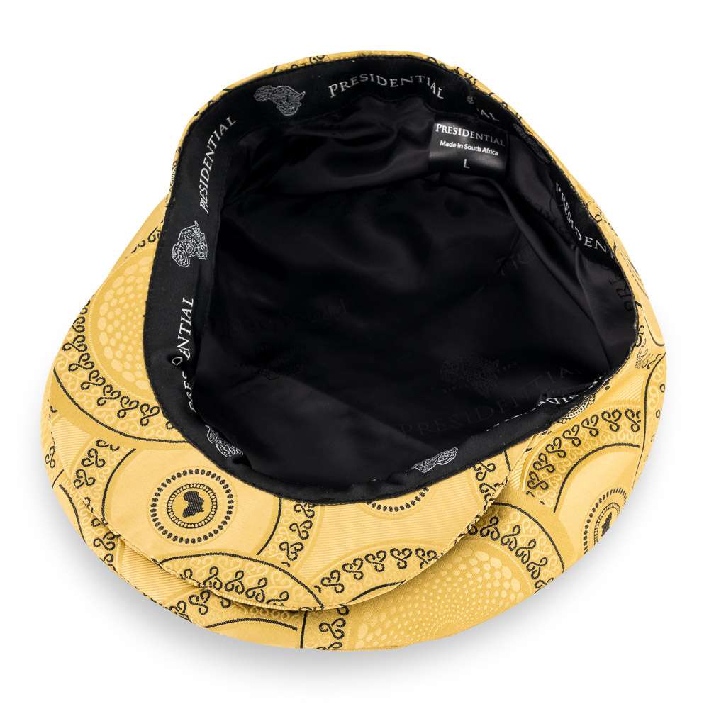 Men’s Ivy Cap, Classic Flat Cap Style, Jacquard Woven Satin - African Circle large, Gold
