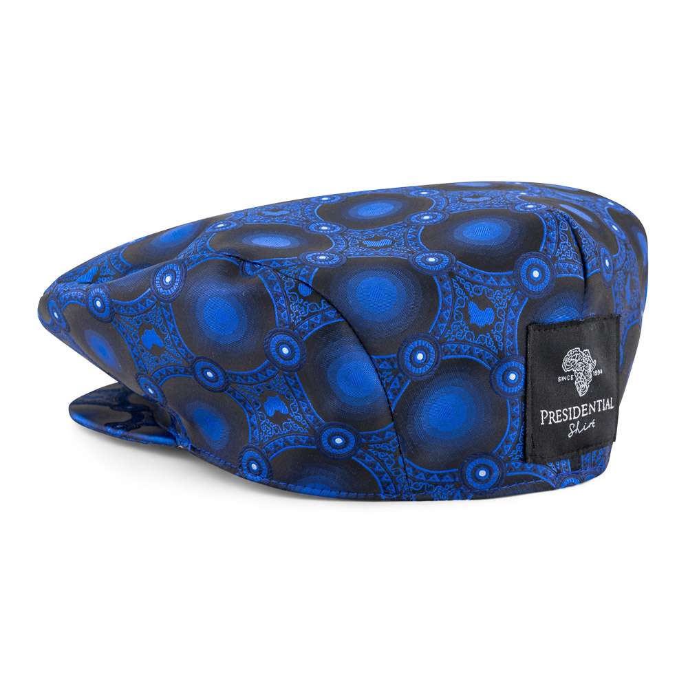 Men’s Ivy Cap, Classic Flat Cap Style, Jacquard Woven Satin - African Circle, Navy