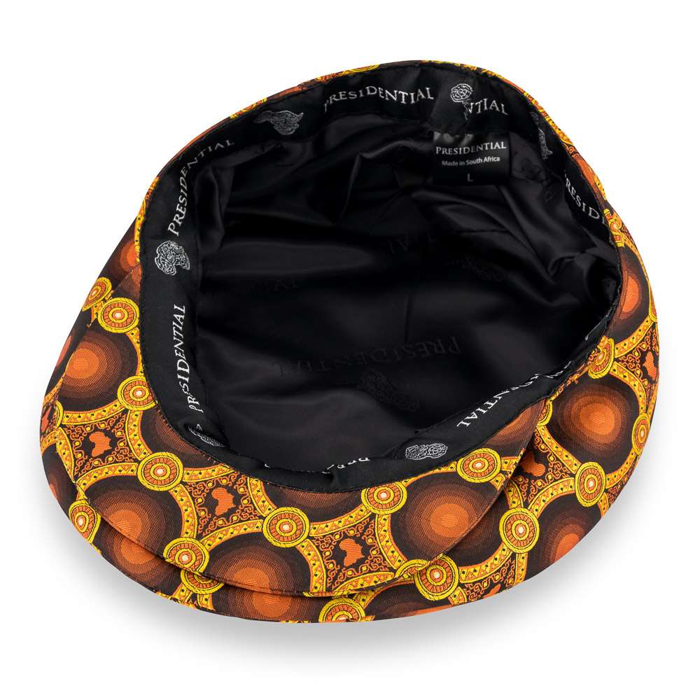 Men’s Ivy Cap, Classic Flat Cap Style, Jacquard Woven Satin - African Circle, Amber
