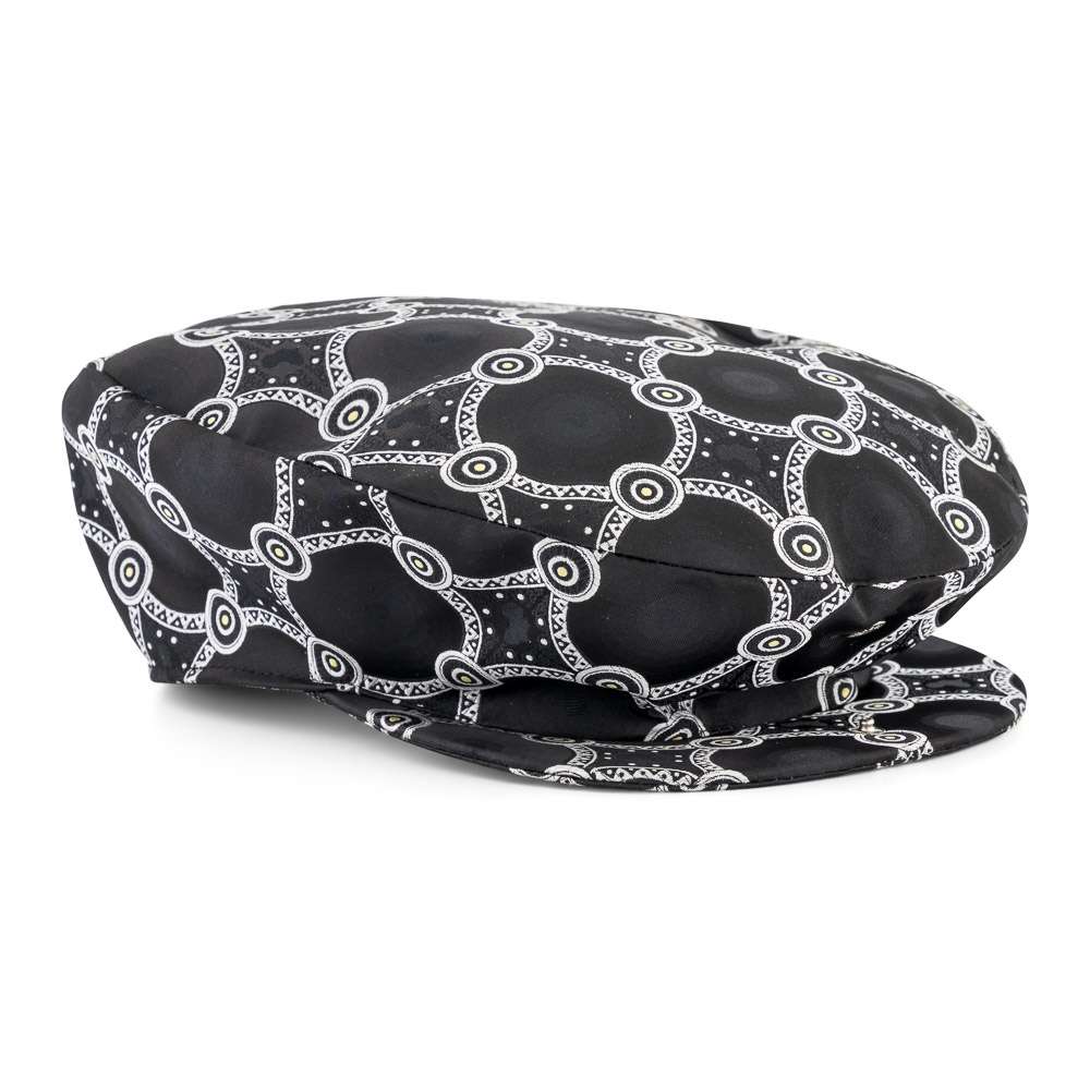 Men’s Ivy Cap, Classic Flat Cap Style, Jacquard Woven Satin - African Circle, Black