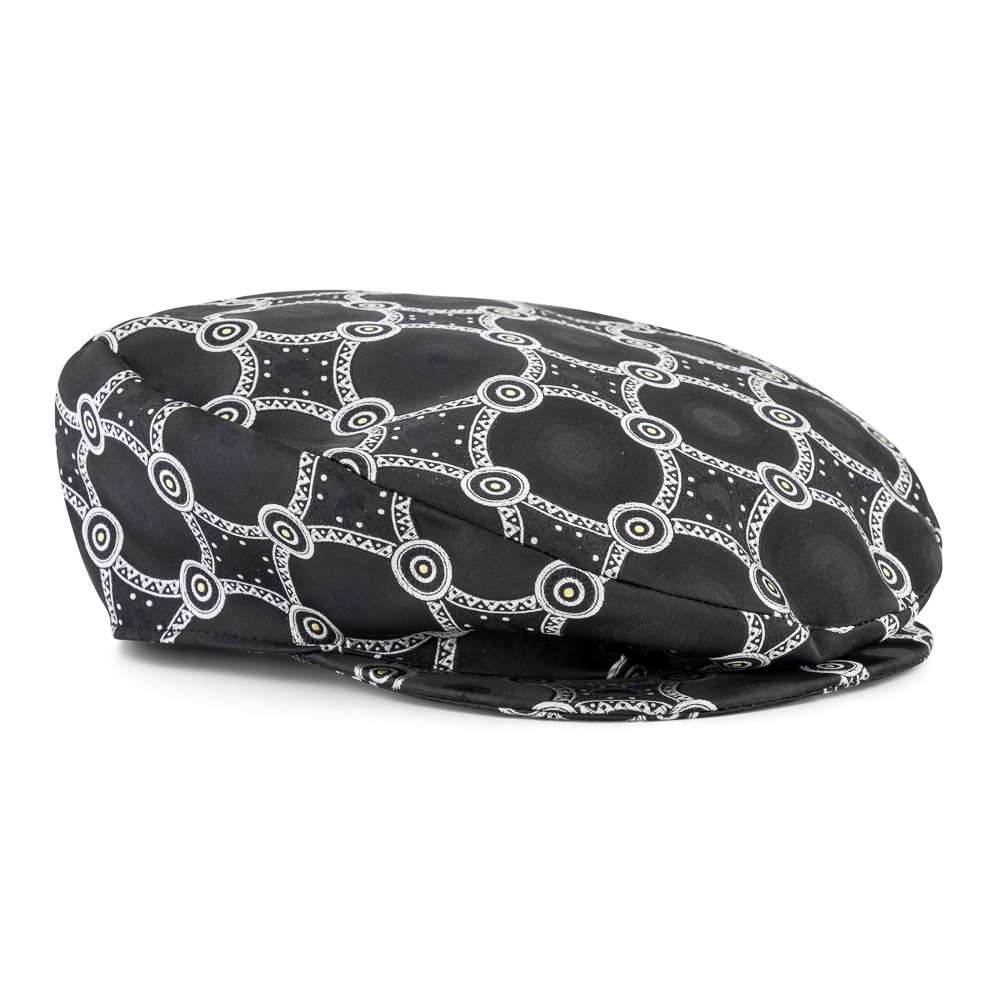 Men’s Ivy Cap, Classic Flat Cap Style, Jacquard Woven Satin - African Circle, Black