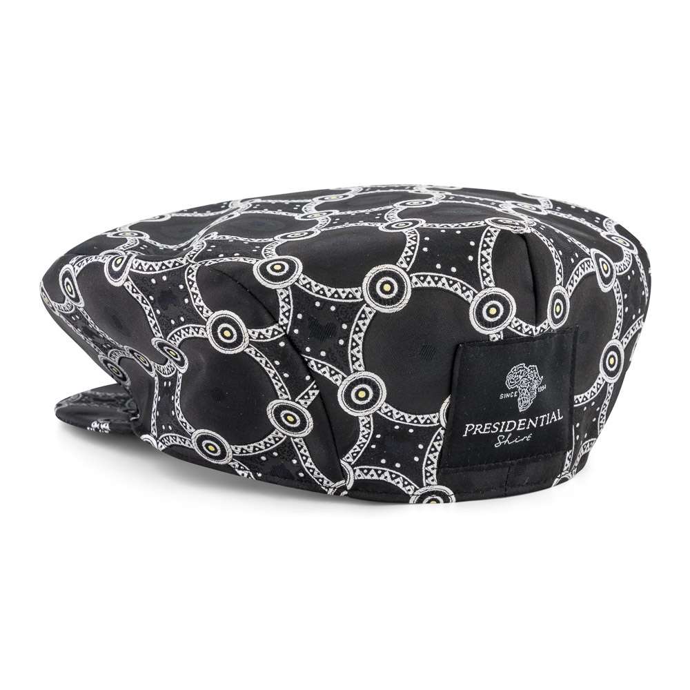 Men’s Ivy Cap, Classic Flat Cap Style, Jacquard Woven Satin - African Circle, Black