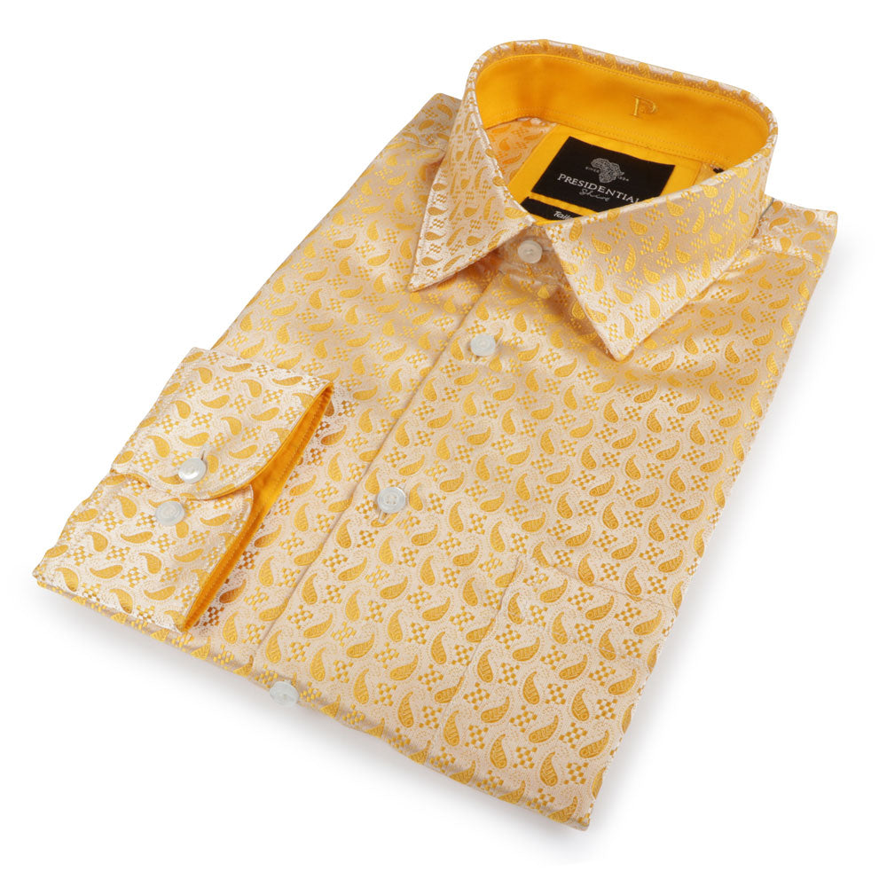 Paisley Fish - Gold Long Sleeve Jacquard Woven Men's Shirt