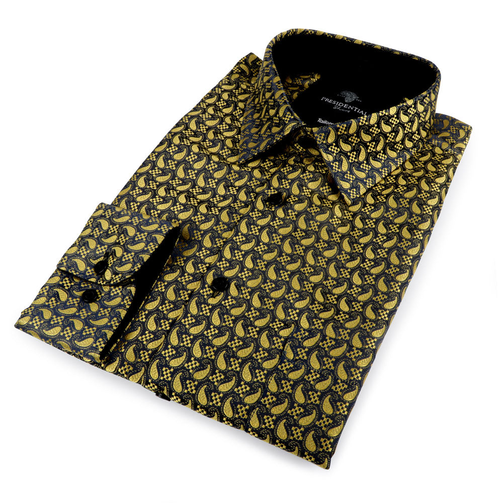 Paisley Fish - Black Long Sleeve Jacquard Woven Men's Shirt