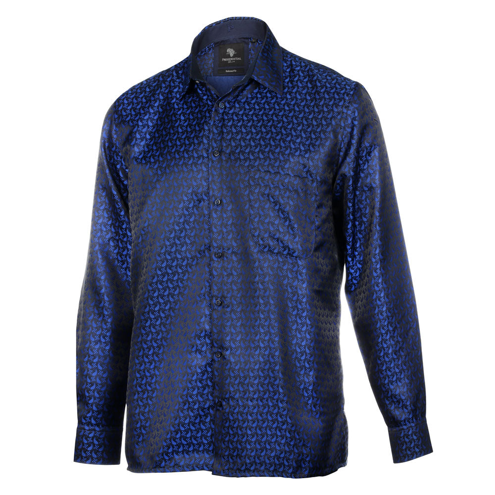 Paisley Fish - Royal Blue Long Sleeve Jacquard Woven Men's Shirt