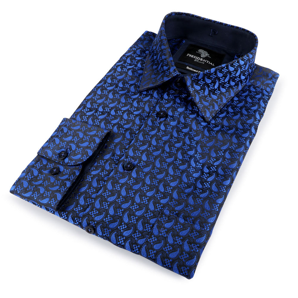 Paisley Fish - Royal Blue Long Sleeve Jacquard Woven Men's Shirt
